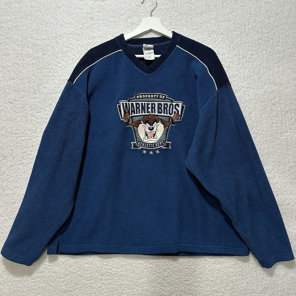 Vintage 90s Warner Brothers Embroidered Tasmanian Devil Taz Fleece Sweater Sz XL